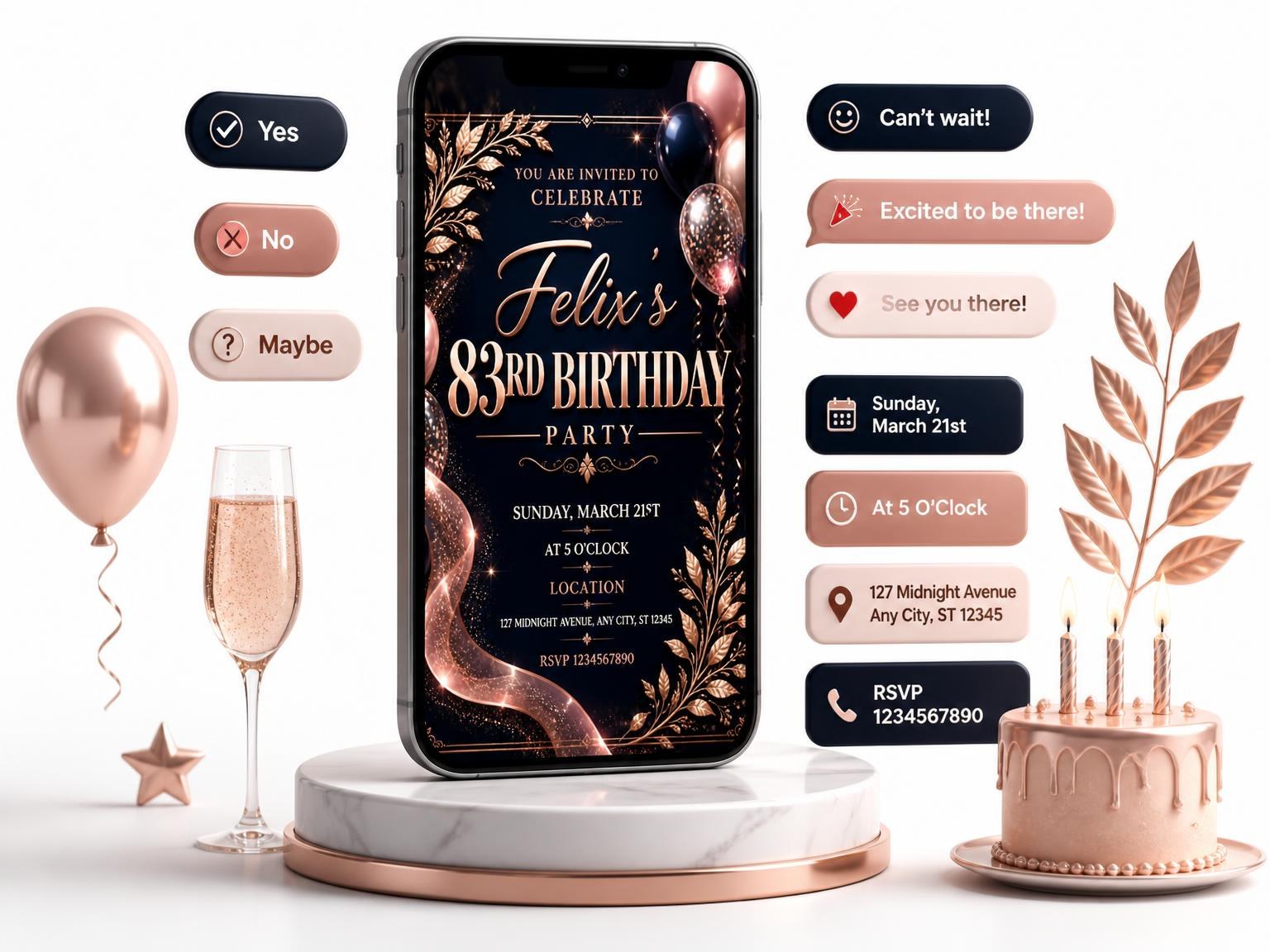 The Navy and Rose Gold 83rd Birthday Invitation invitation on a phone, with guest RSVPs arriving around it