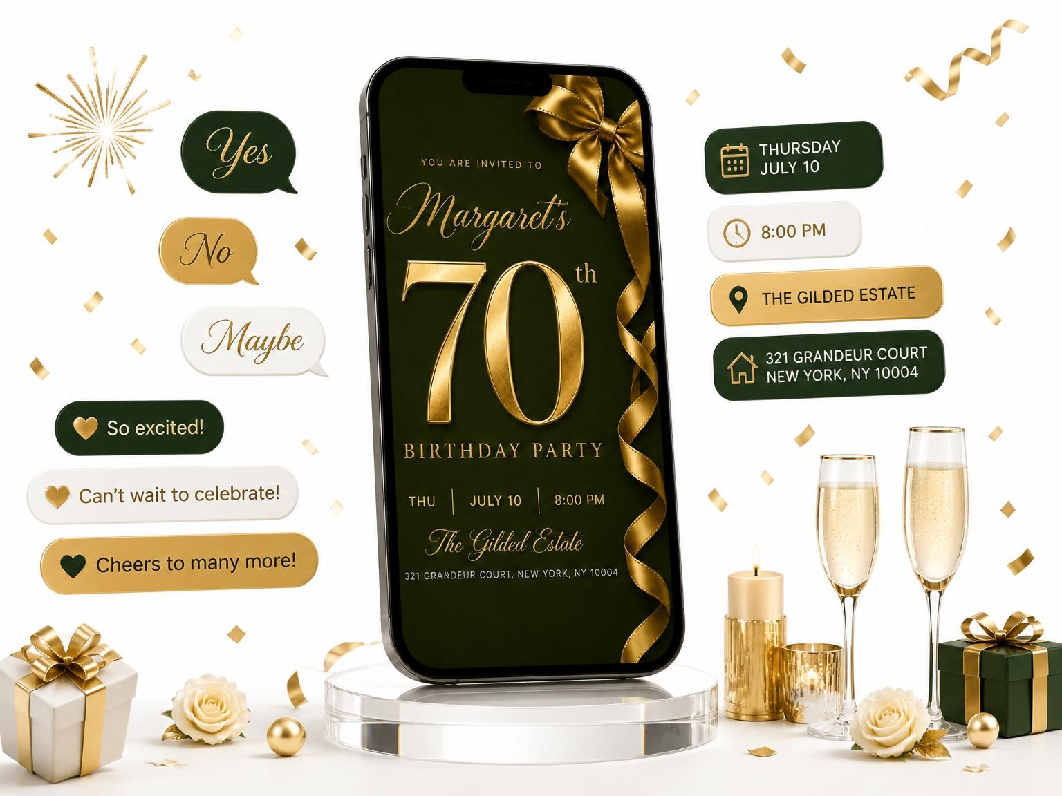 The Gold Ribbon Forest Green 70th Birthday invitation on a phone, with guest RSVPs arriving around it