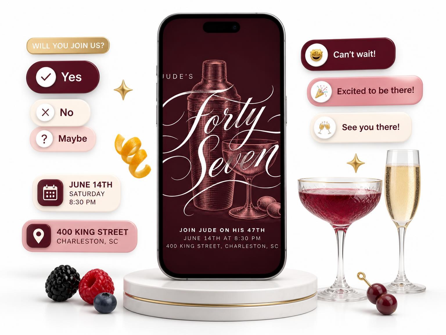 The Burgundy Cocktail 47th Birthday Invitation invitation on a phone, with guest RSVPs arriving around it