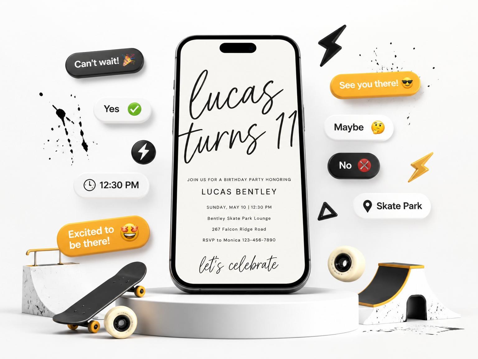 The Minimalist Typography 11th Birthday Invitation invitation on a phone, with guest RSVPs arriving around it