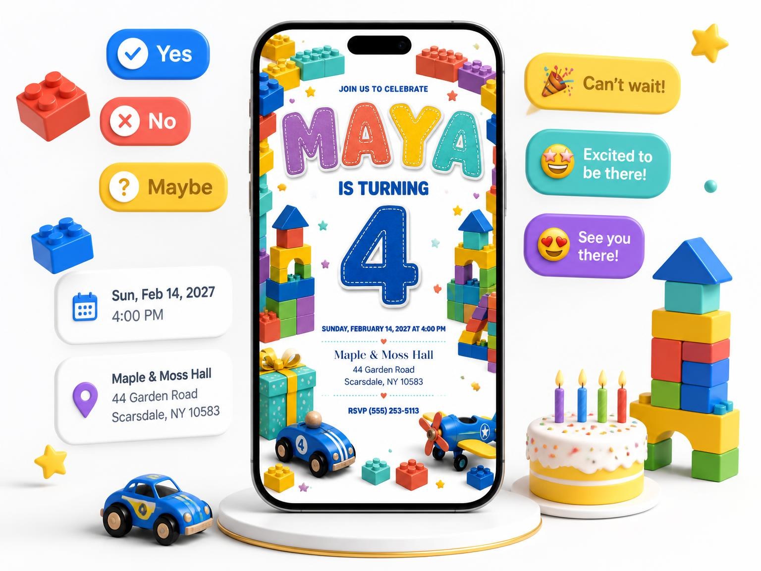 The Stitched Toy Blocks 4th Birthday Invitation invitation on a phone, with guest RSVPs arriving around it