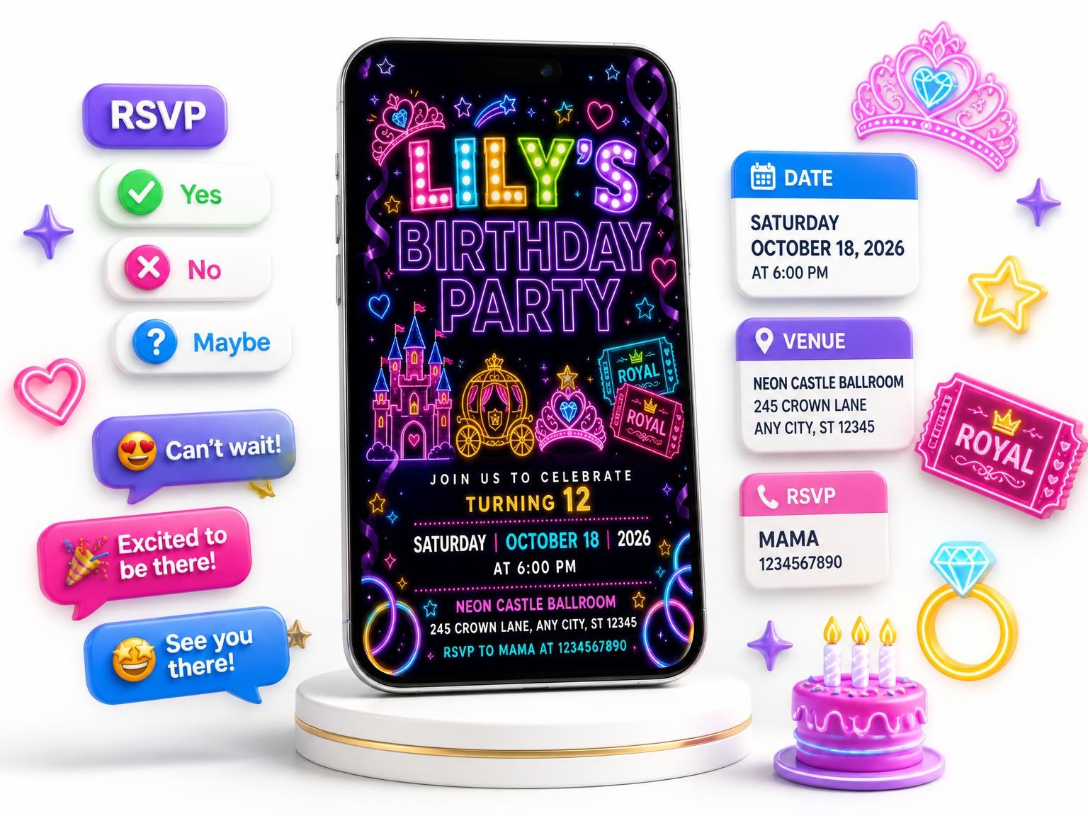 The Neon Princess 12th Birthday Invitation invitation on a phone, with guest RSVPs arriving around it