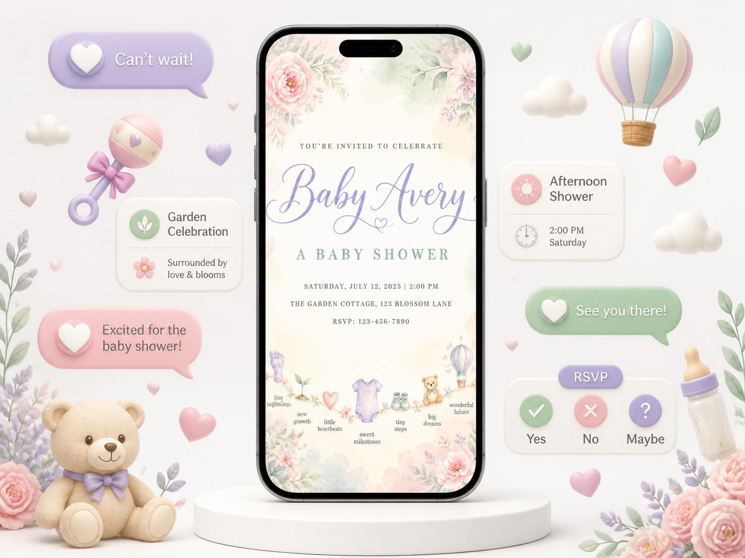 The Pastel Floral Watercolor Baby Shower invitation on a phone, with guest RSVPs arriving around it