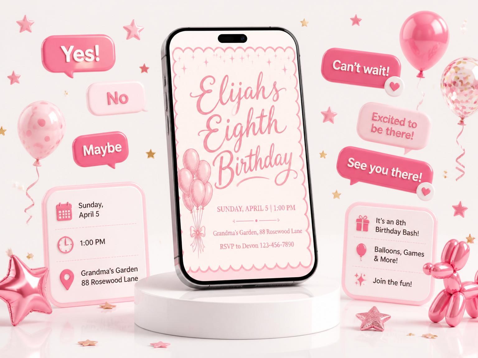 The Pink Balloon Scalloped 8th Birthday Invitation invitation on a phone, with guest RSVPs arriving around it