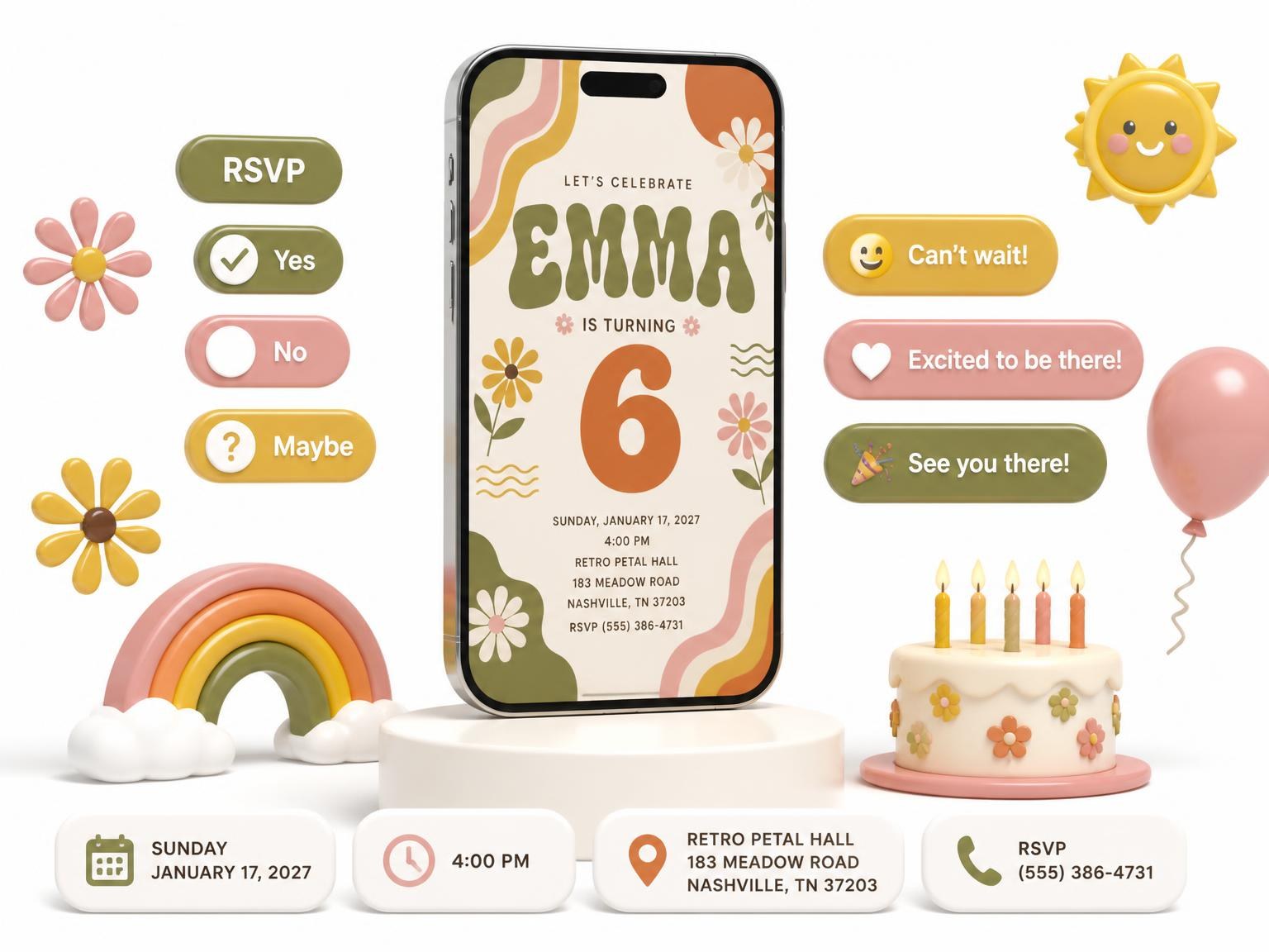 The Groovy Retro 6th Birthday Invitation invitation on a phone, with guest RSVPs arriving around it