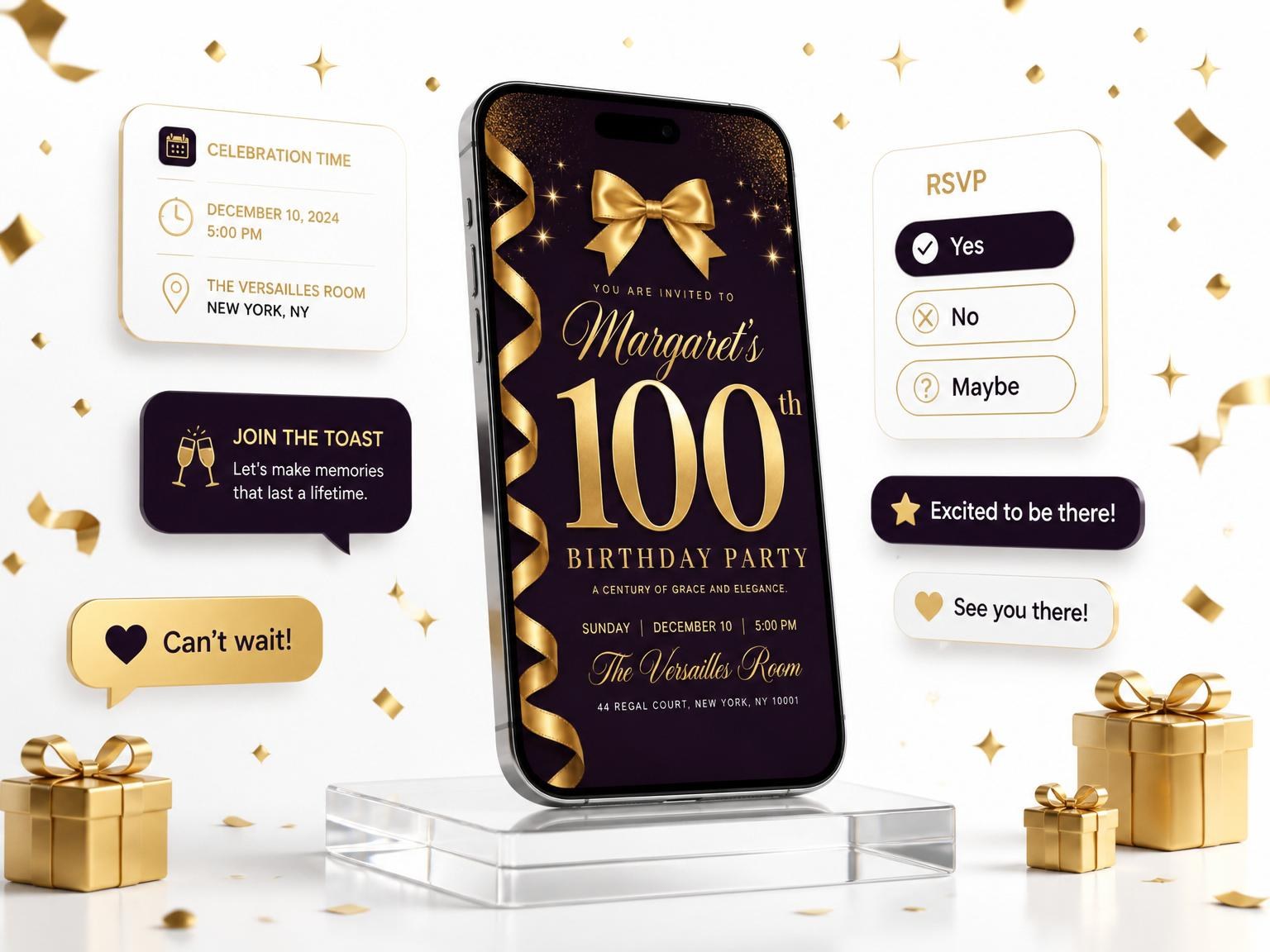 The Eggplant Purple Gold Ribbon 100th Birthday invitation on a phone, with guest RSVPs arriving around it