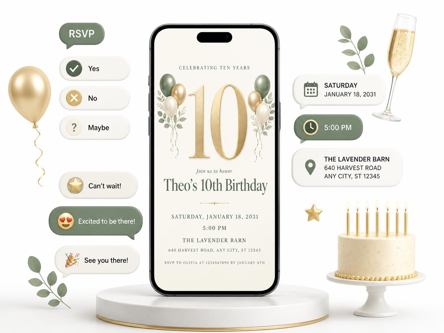 The Sage and Ivory 10th Birthday Invitation invitation on a phone, with guest RSVPs arriving around it