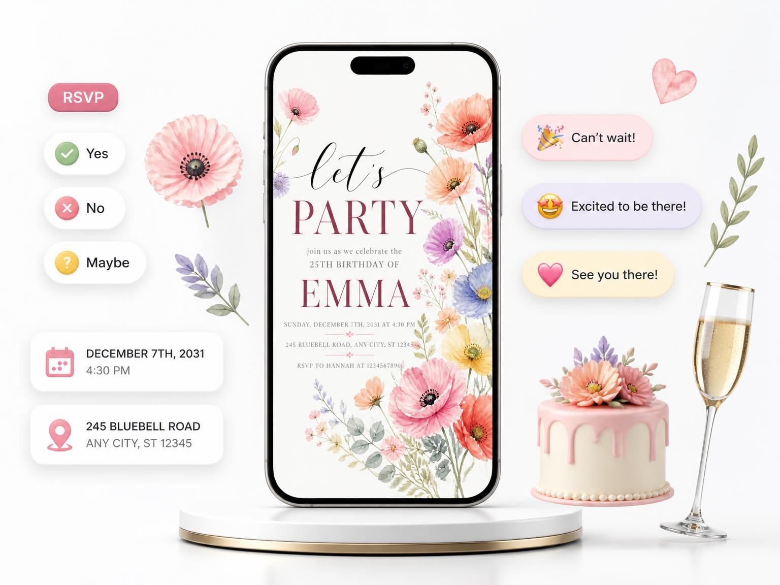 The Pastel Wildflower Garden 25th Birthday Invitation invitation on a phone, with guest RSVPs arriving around it
