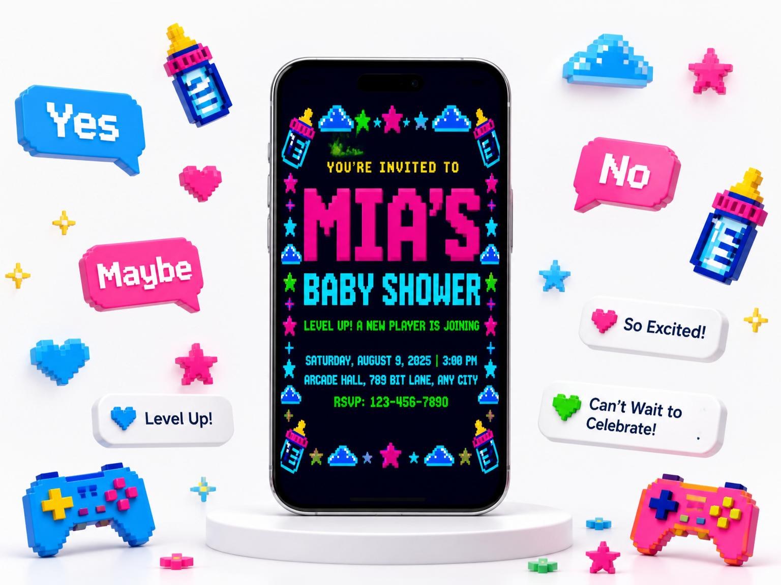 The Neon Pixel Arcade Baby Shower invitation on a phone, with guest RSVPs arriving around it