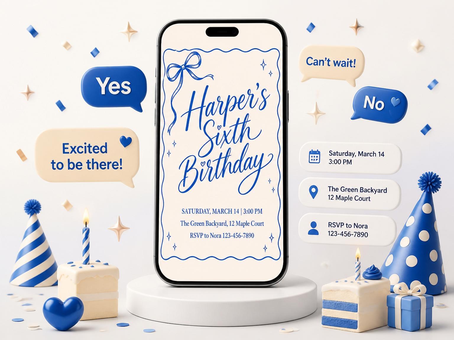 The Royal Blue Ribbon 6th Birthday Invitation invitation on a phone, with guest RSVPs arriving around it