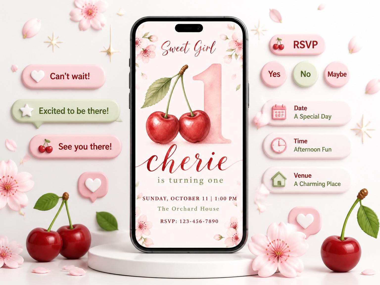 The Watercolor Cherry Blossom 1st Birthday invitation on a phone, with guest RSVPs arriving around it