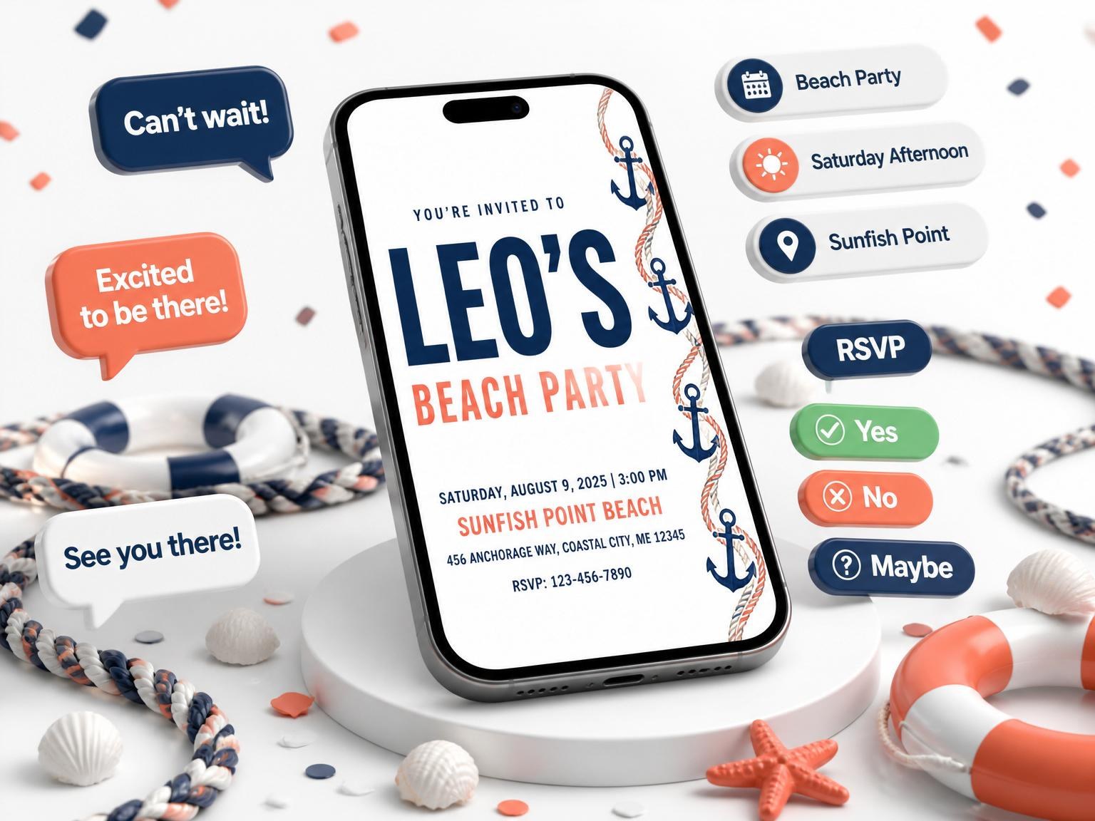 The Navy Anchor Rope Beach Birthday invitation on a phone, with guest RSVPs arriving around it