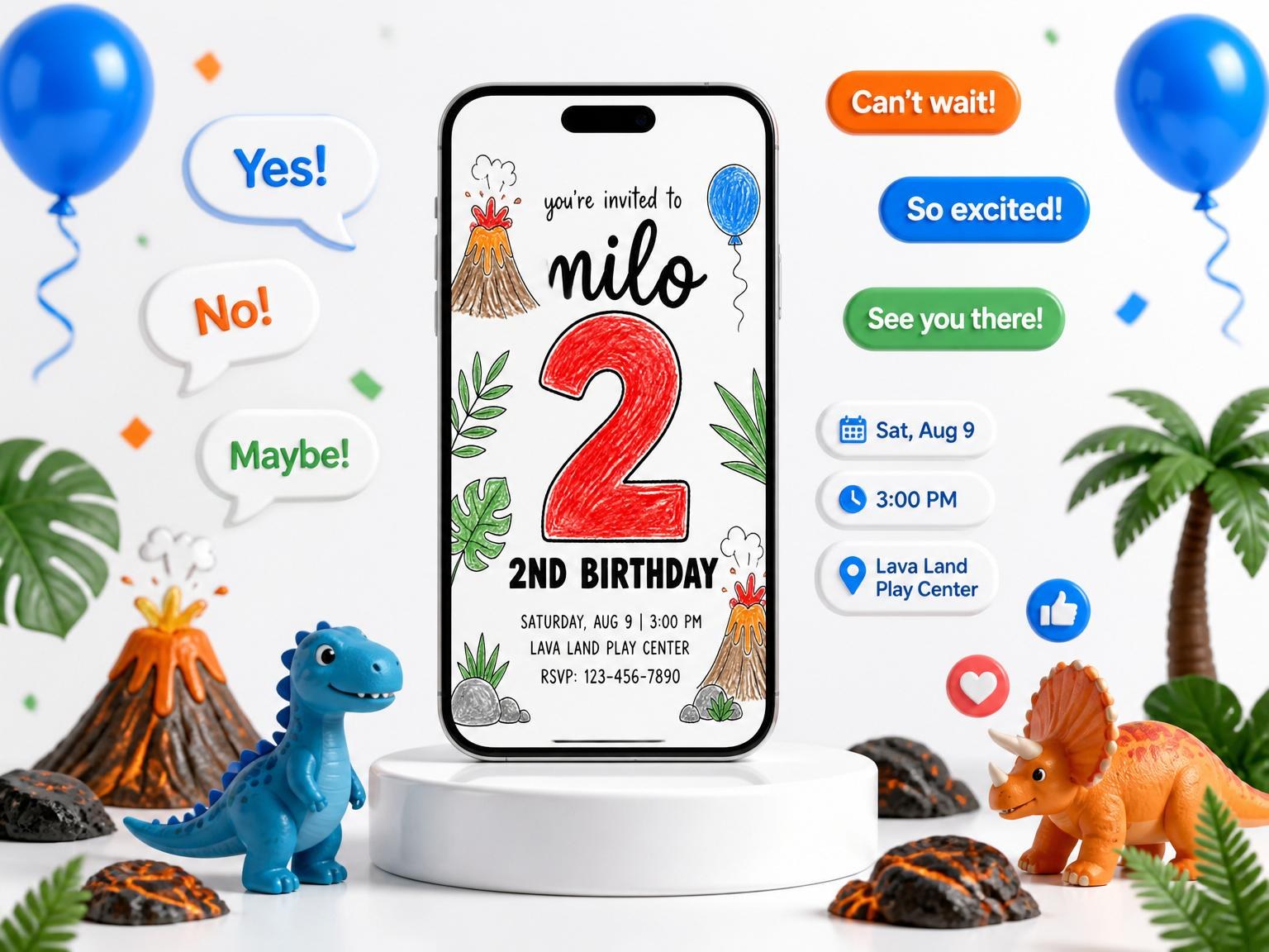 The Crayon Volcano Jungle 2nd Birthday Invitation invitation on a phone, with guest RSVPs arriving around it
