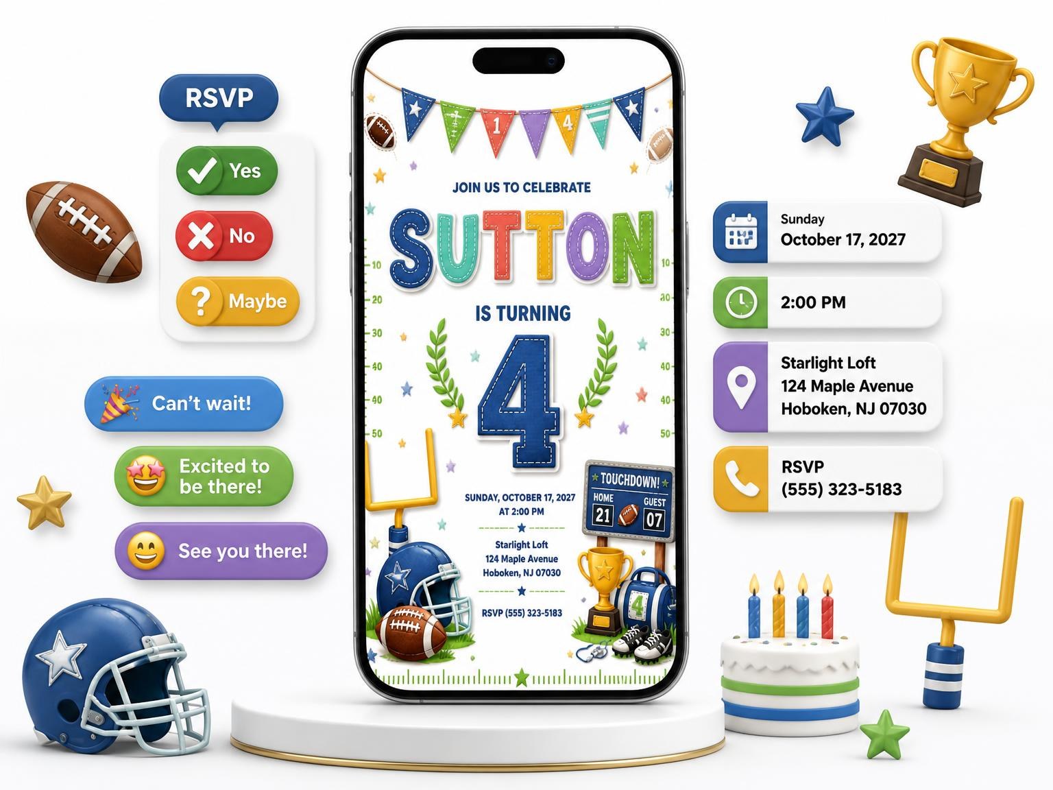 The Stitched Football 4th Birthday Invitation invitation on a phone, with guest RSVPs arriving around it