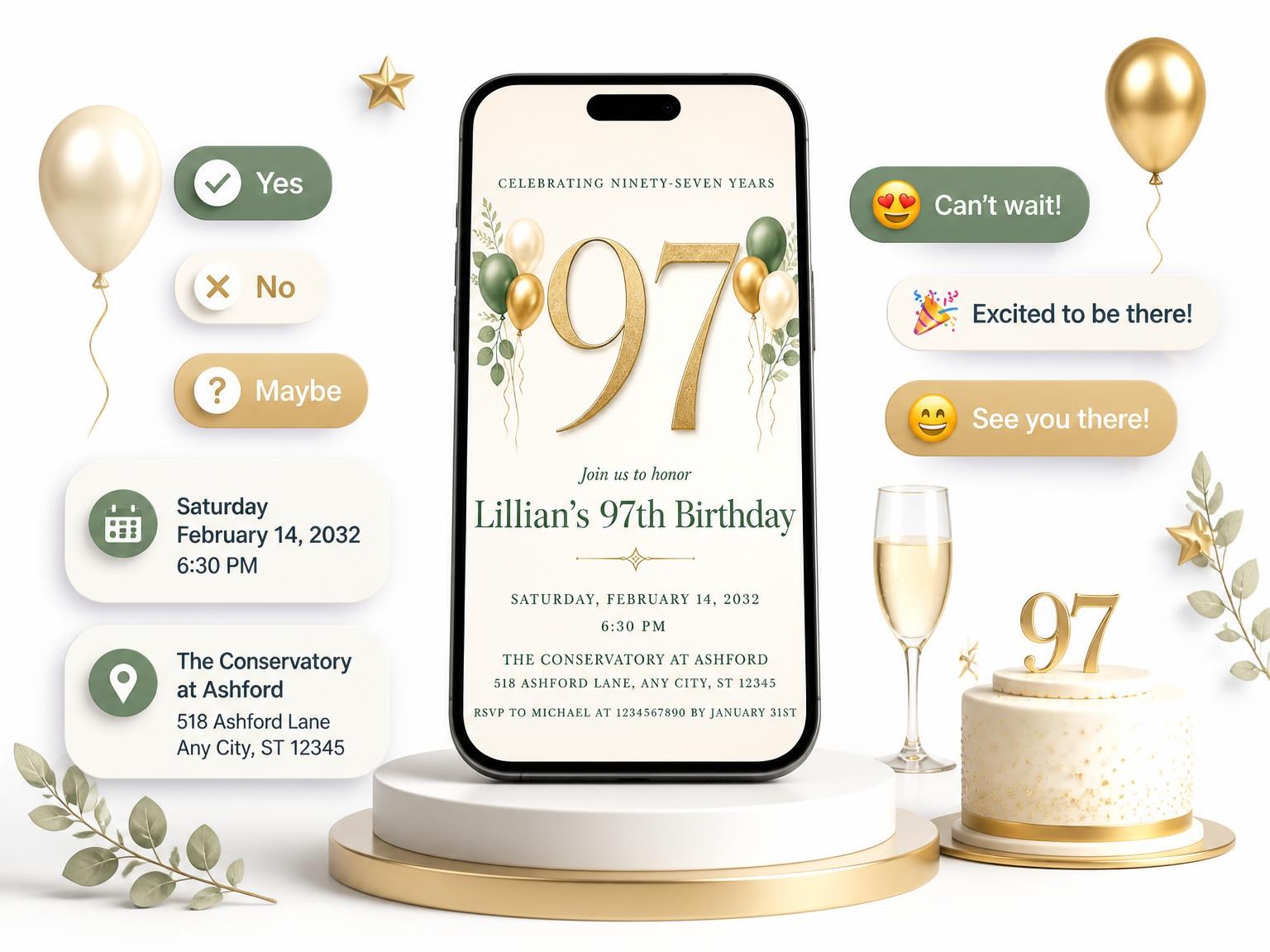 The Sage and Ivory 97th Birthday Invitation invitation on a phone, with guest RSVPs arriving around it
