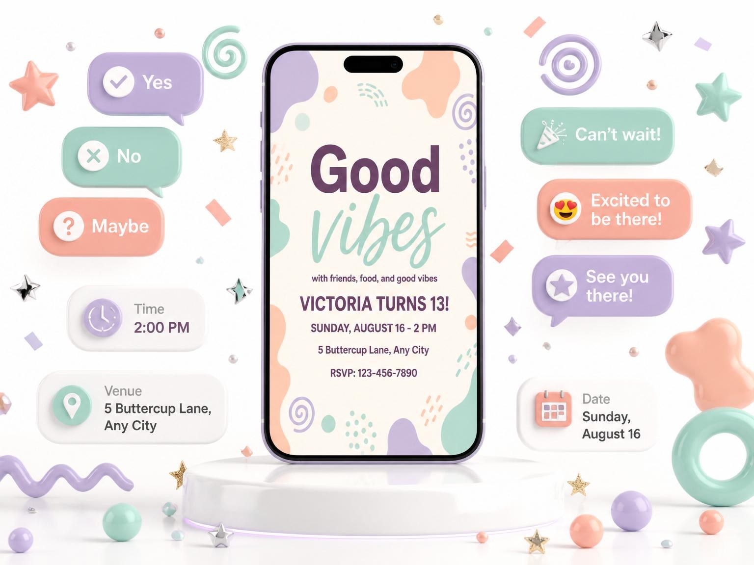 The Pastel Abstract Pattern 13th Birthday Invitation invitation on a phone, with guest RSVPs arriving around it