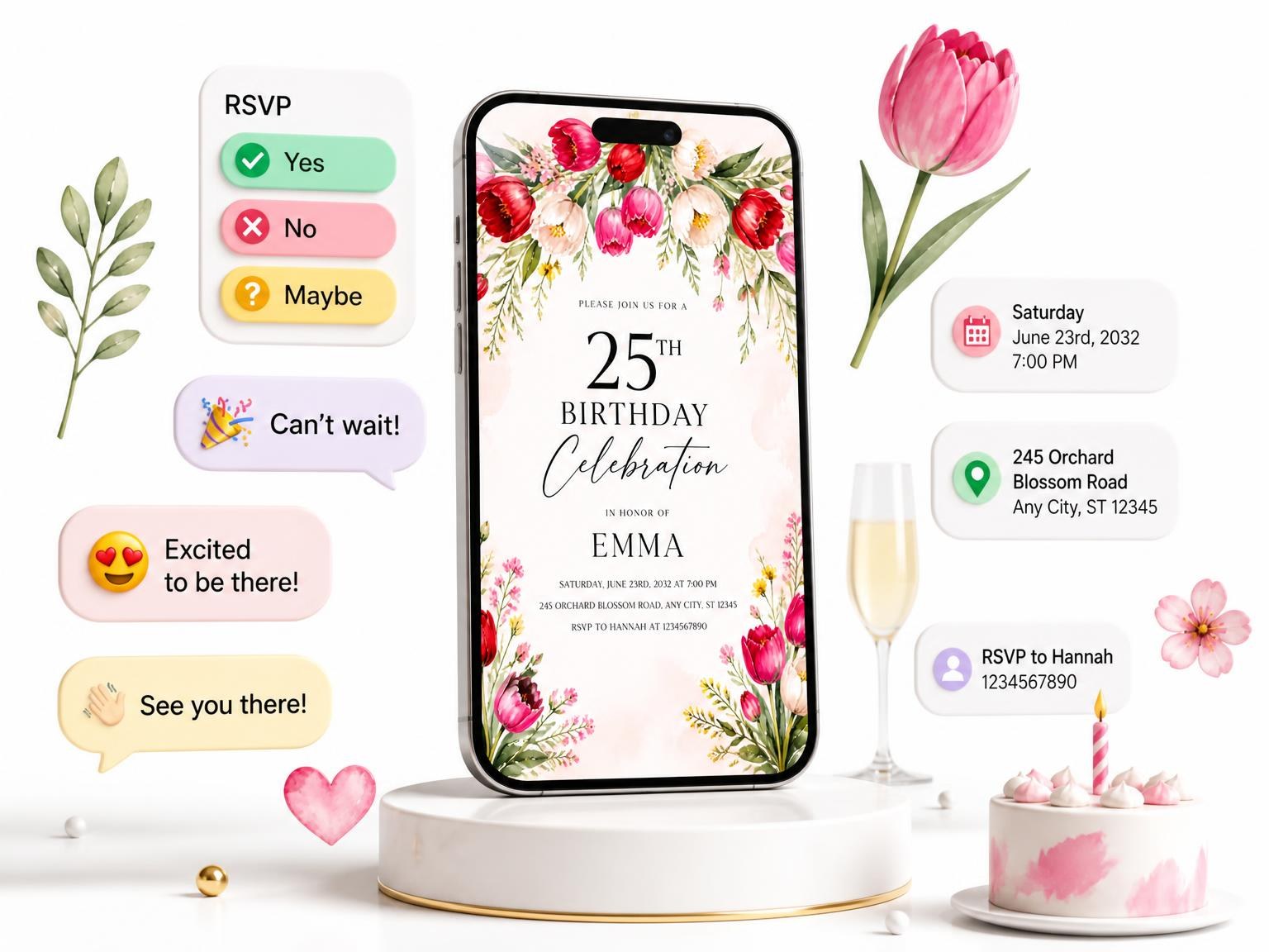 The Floral Garland Scarlet 25th Birthday Invitation invitation on a phone, with guest RSVPs arriving around it