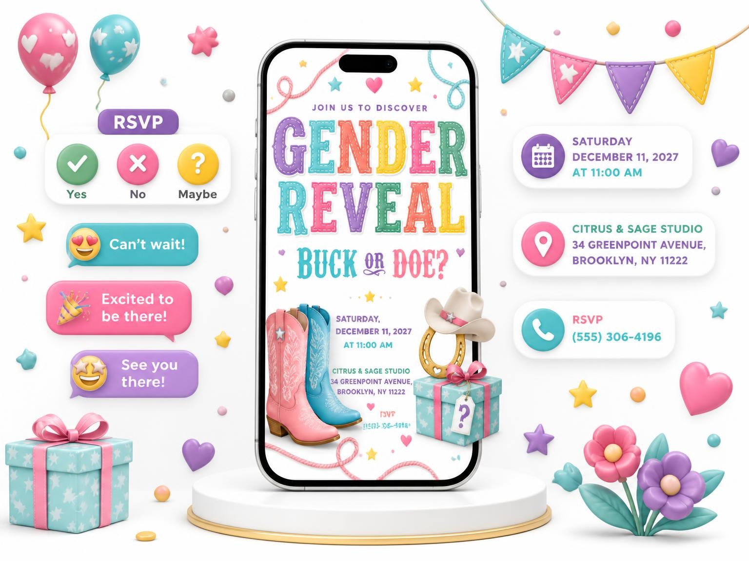 The Cowboy Boots Gender Reveal Invitation invitation on a phone, with guest RSVPs arriving around it