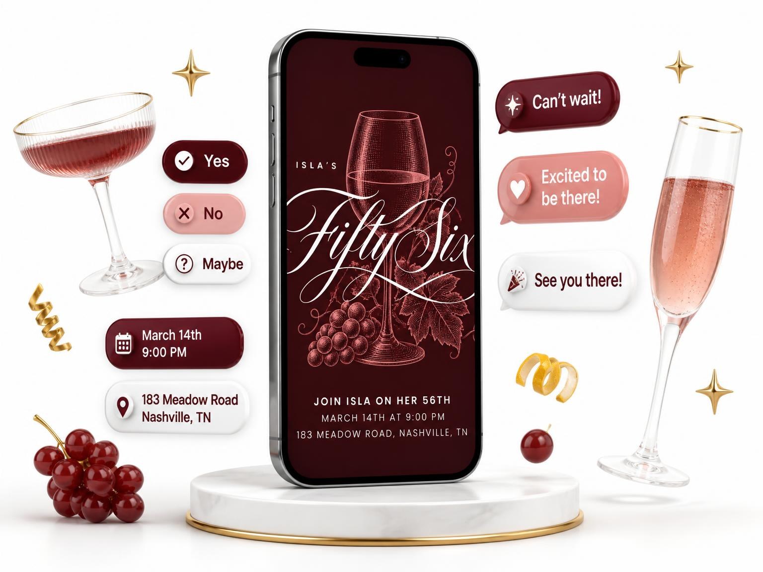 The Burgundy Cocktail 56th Birthday Invitation invitation on a phone, with guest RSVPs arriving around it