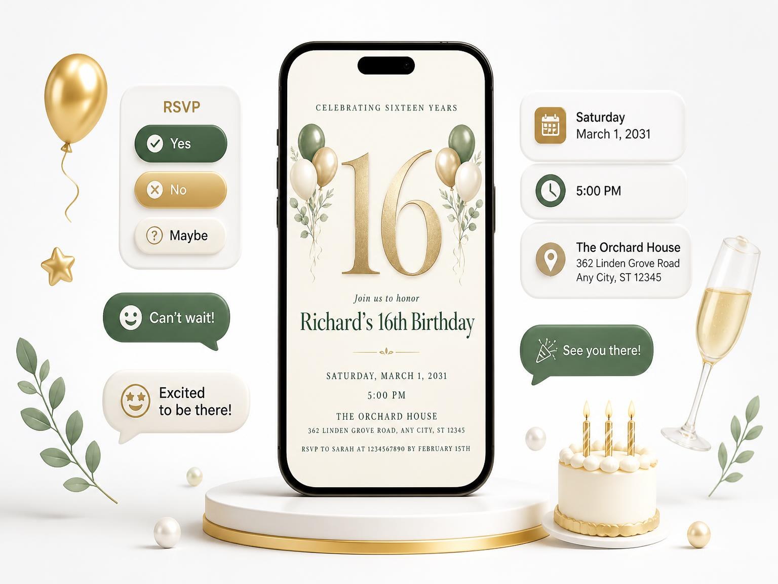 The Sage and Ivory 16th Birthday Invitation invitation on a phone, with guest RSVPs arriving around it