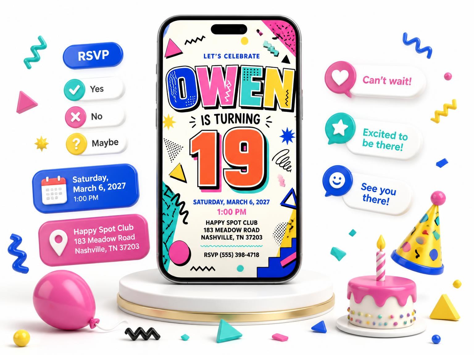 The Memphis Pop 19th Birthday Invitation invitation on a phone, with guest RSVPs arriving around it