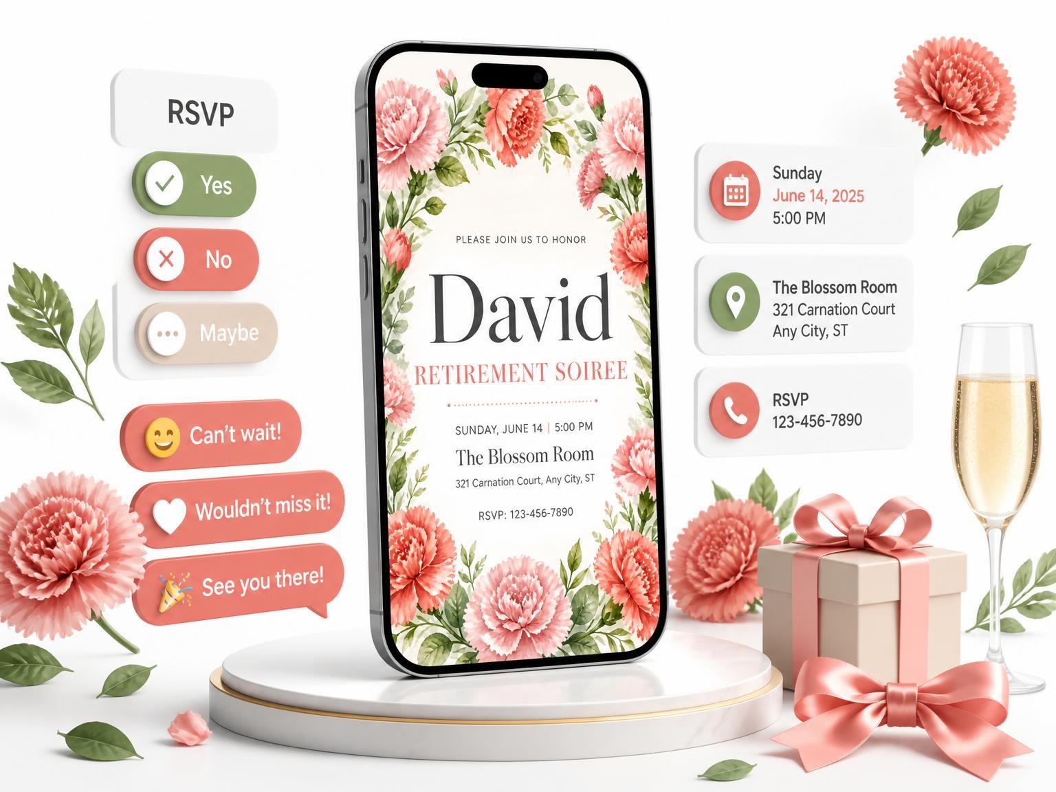 The Carnation Garland Retirement Soiree Invitation invitation on a phone, with guest RSVPs arriving around it