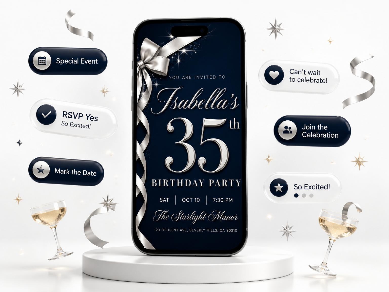 The Navy Silver Ribbon 35th Birthday invitation on a phone, with guest RSVPs arriving around it