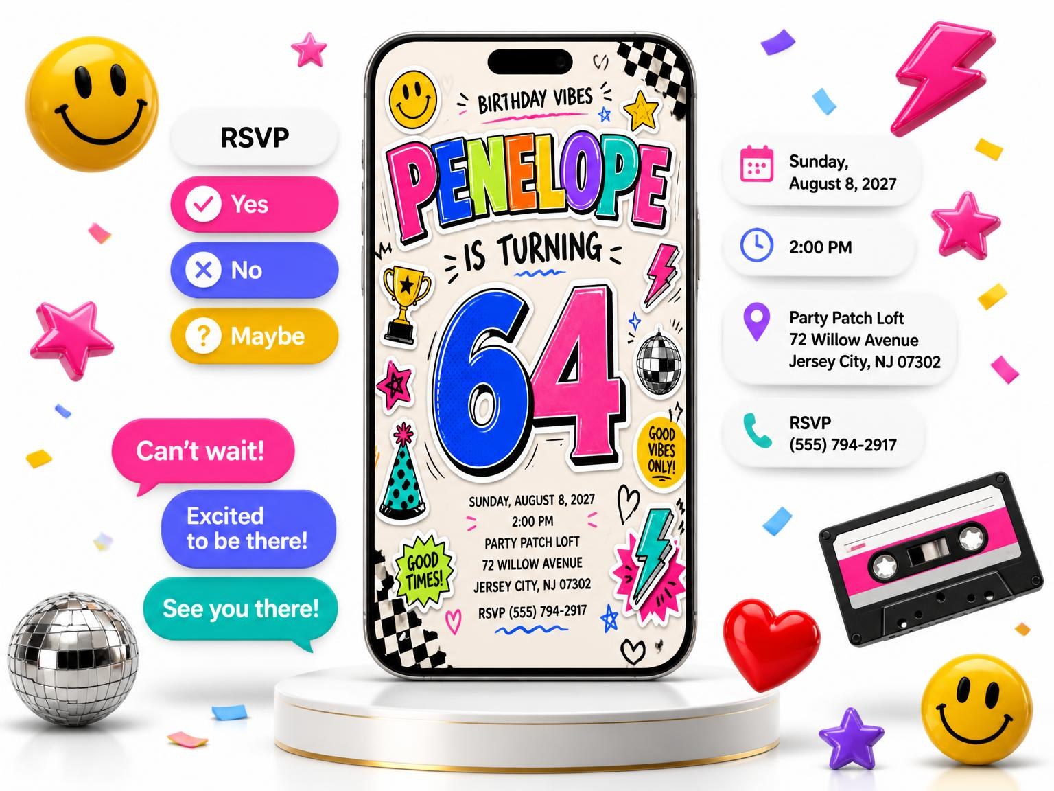 The Sticker Pop 64th Birthday Invitation invitation on a phone, with guest RSVPs arriving around it