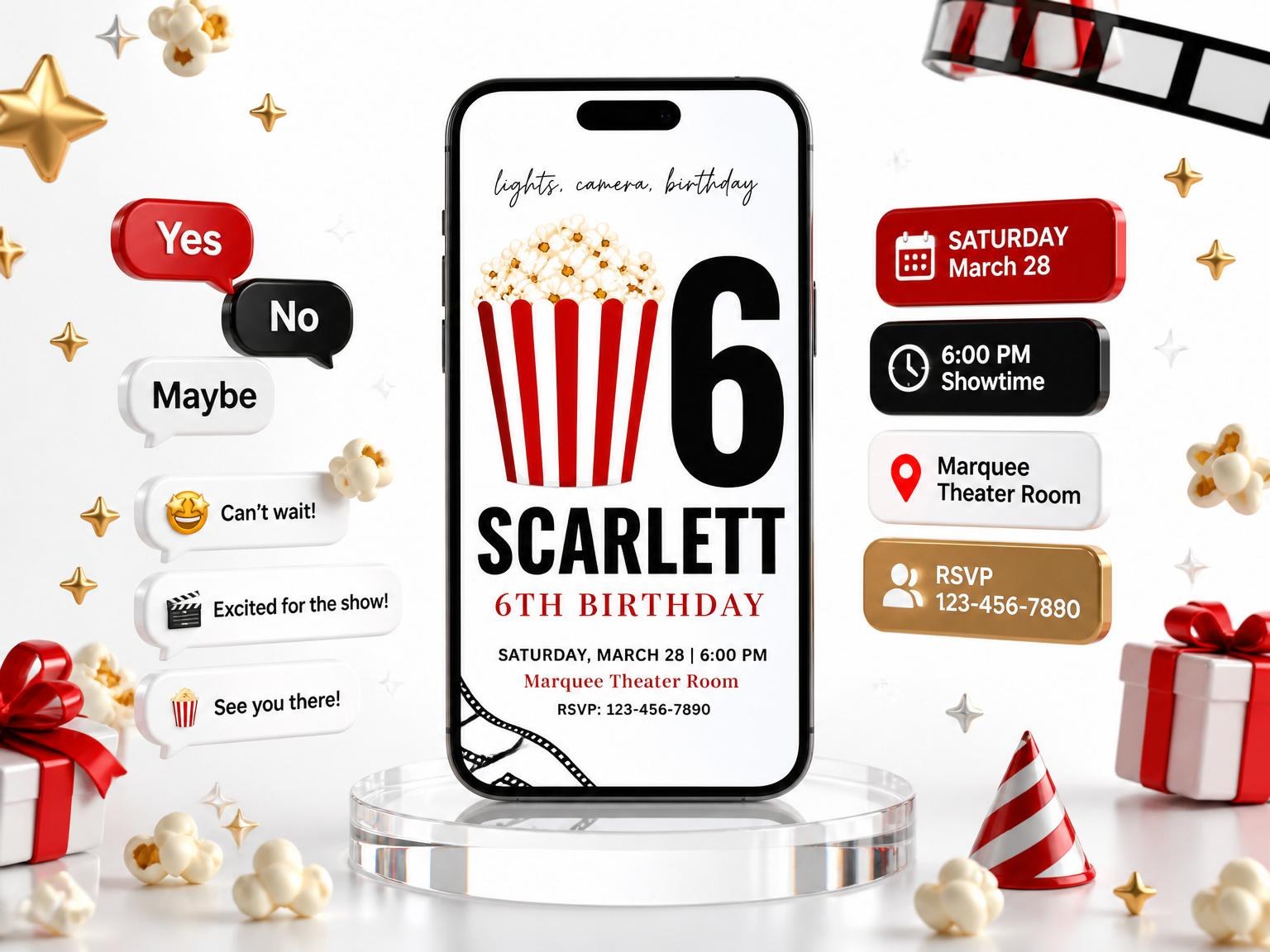 The Cinema Popcorn Motif 6th Birthday Invitation invitation on a phone, with guest RSVPs arriving around it