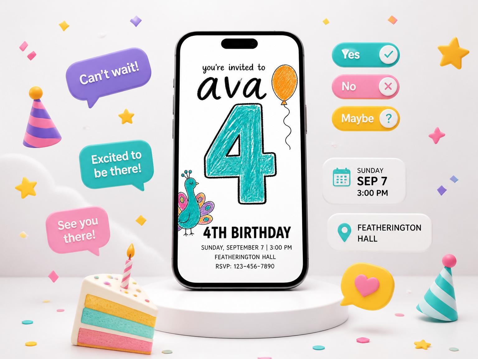 The Crayon Peacock 4th Birthday Party invitation on a phone, with guest RSVPs arriving around it