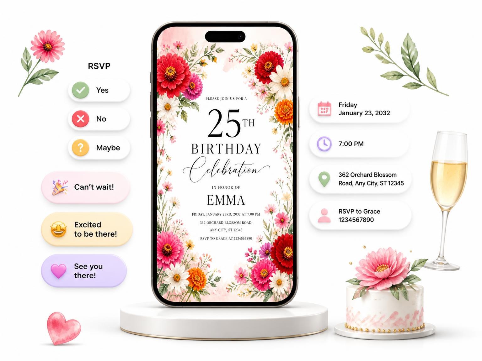 The Floral Wreath Scarlet 25th Birthday Invitation invitation on a phone, with guest RSVPs arriving around it
