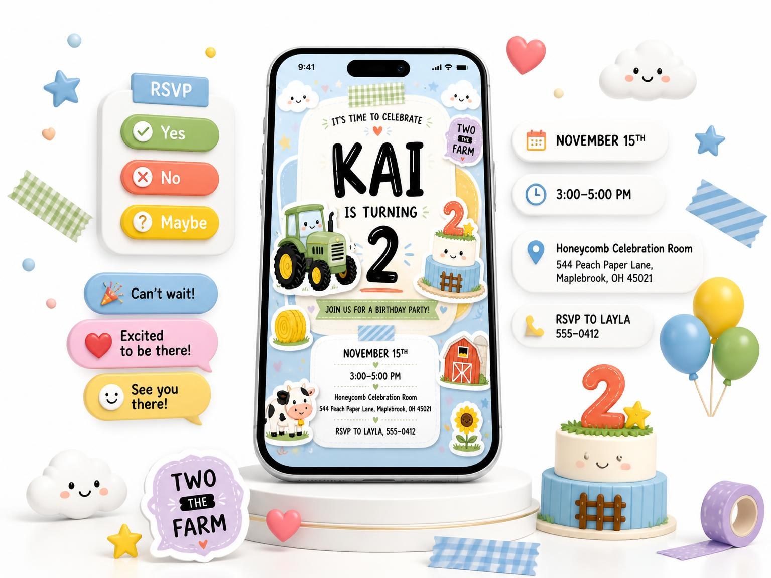 The Green Tractor Pastel 2nd Birthday Invitation invitation on a phone, with guest RSVPs arriving around it