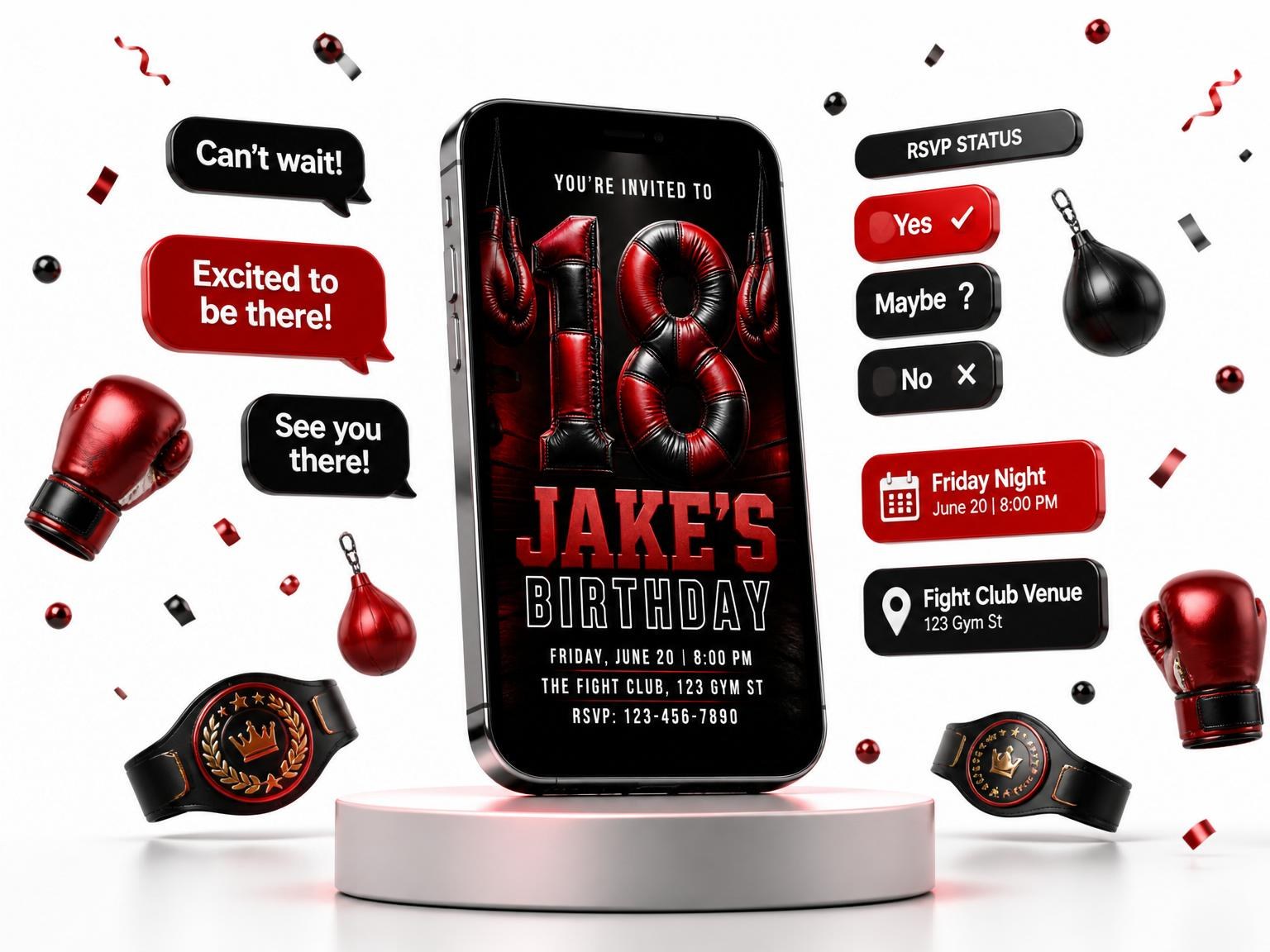 The Red and Black Leather Boxing 18th Birthday invitation on a phone, with guest RSVPs arriving around it