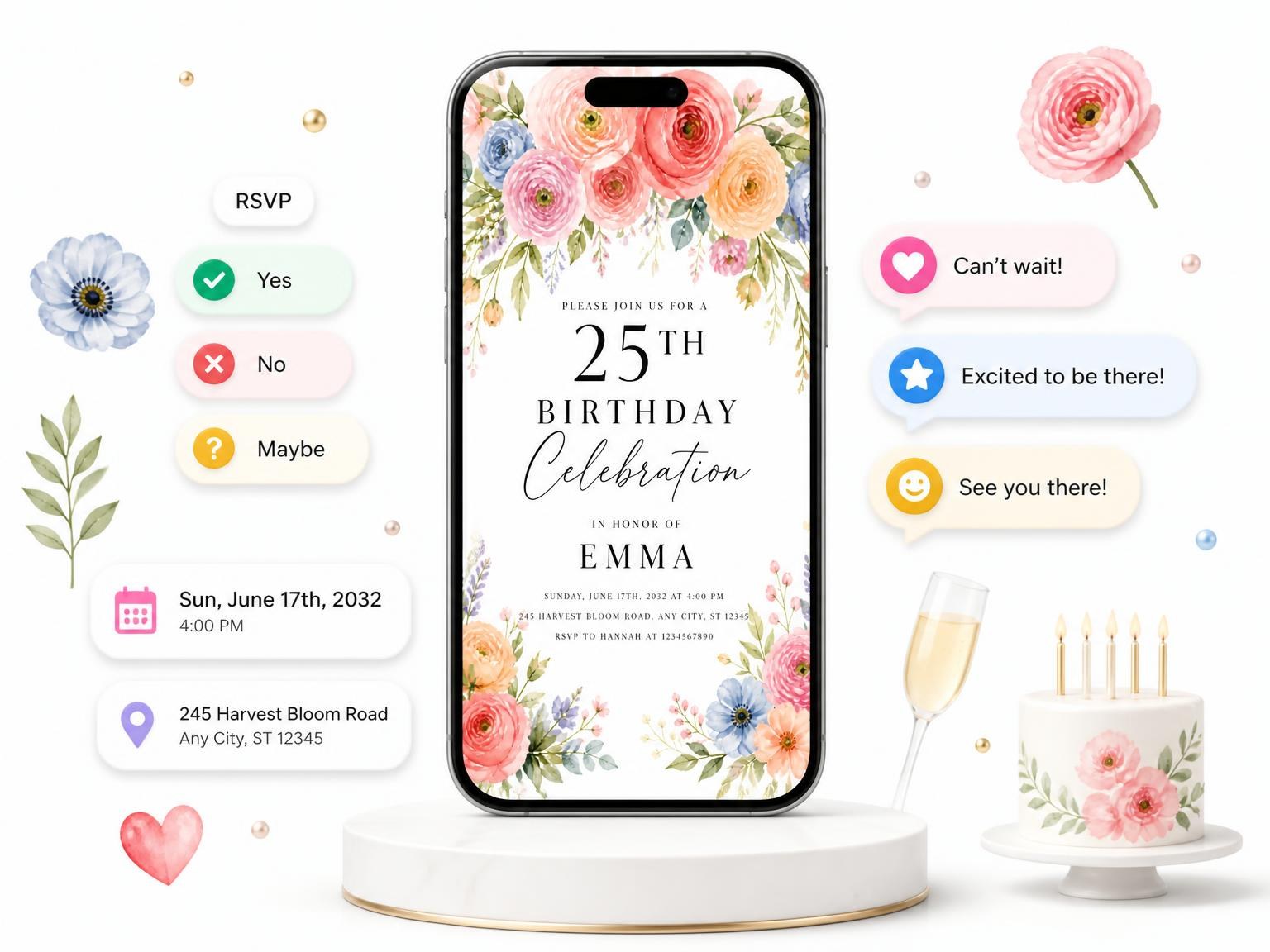 The Pastel Arch Garland 25th Birthday Invitation invitation on a phone, with guest RSVPs arriving around it