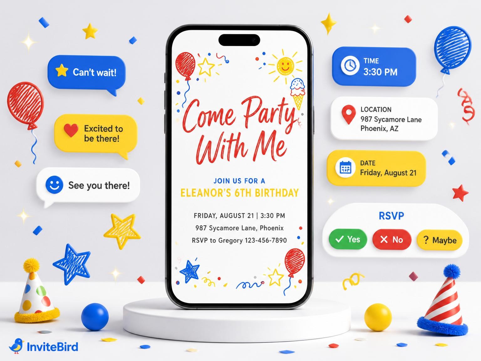 The Primary Crayon Motif 6th Birthday Invitation invitation on a phone, with guest RSVPs arriving around it