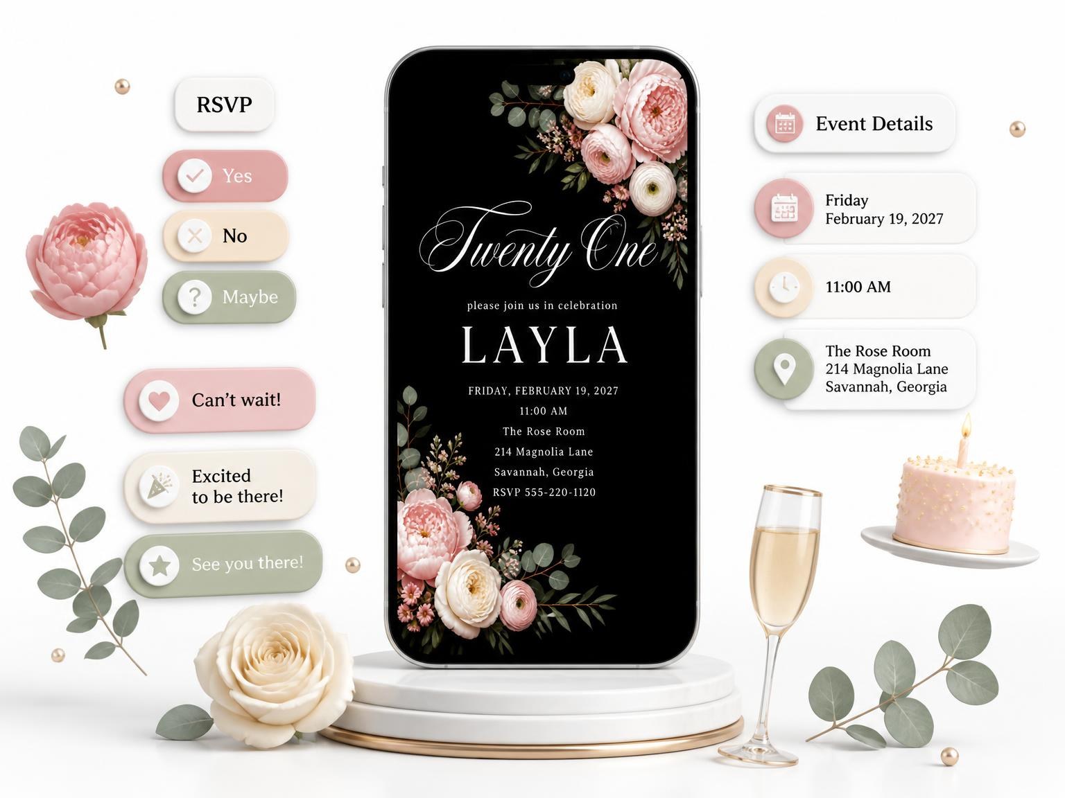 The Black Floral 21st Birthday Invitation invitation on a phone, with guest RSVPs arriving around it