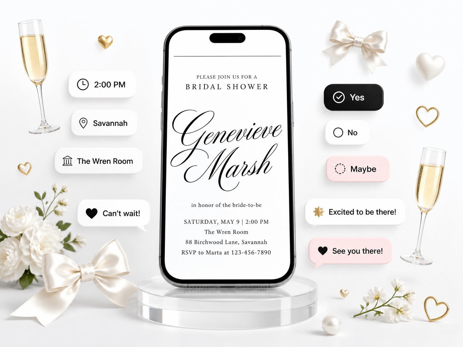 The Minimalist Black Script Bridal Shower invitation on a phone, with guest RSVPs arriving around it