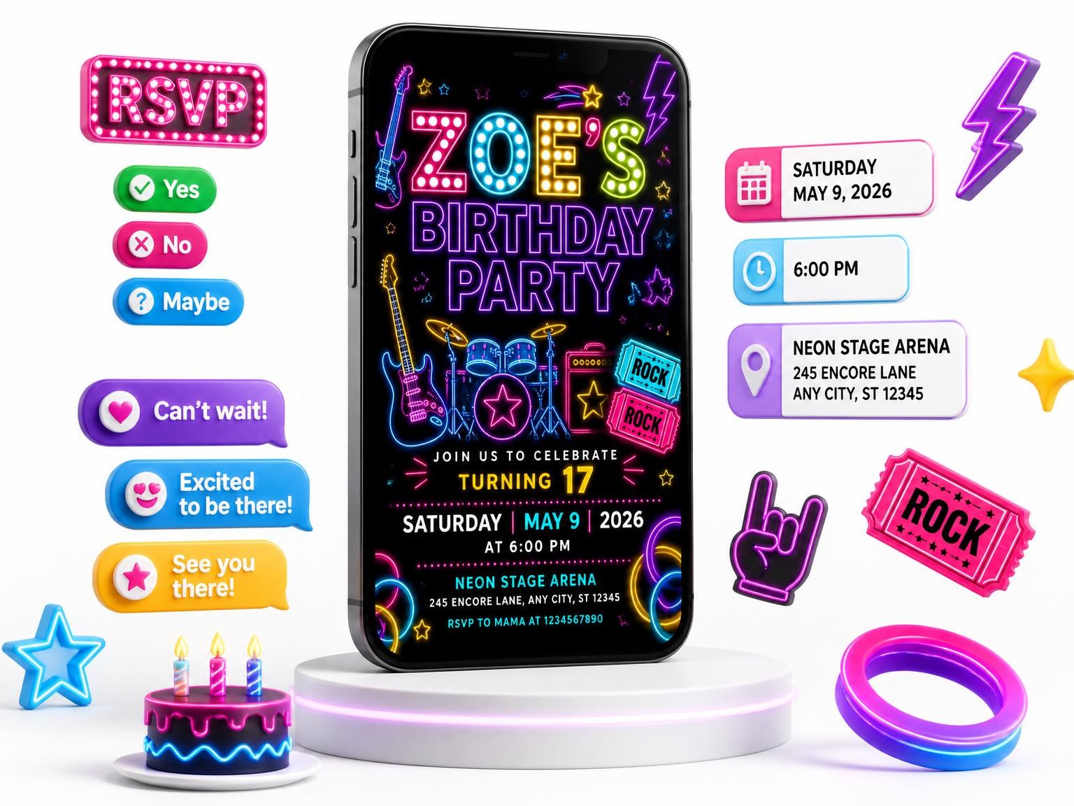 The Neon Rock Star 17th Birthday Invitation invitation on a phone, with guest RSVPs arriving around it