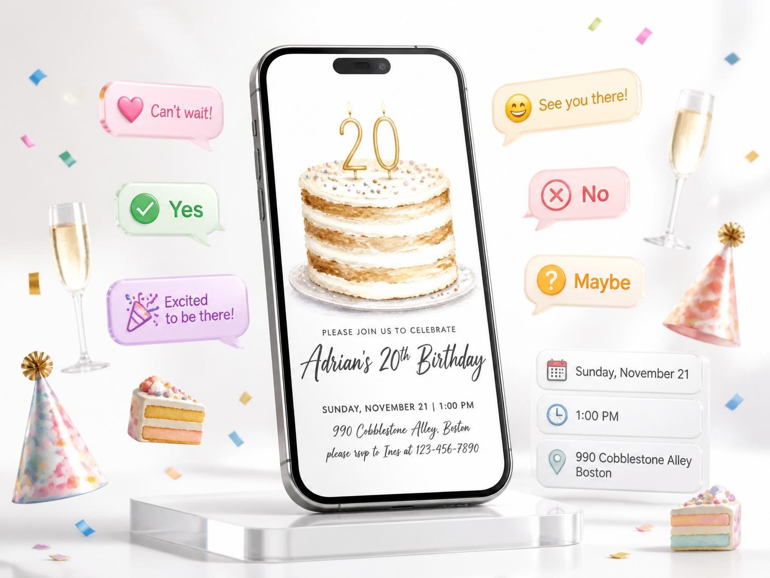 The Watercolor Vanilla Cake 20th Birthday Invitation invitation on a phone, with guest RSVPs arriving around it
