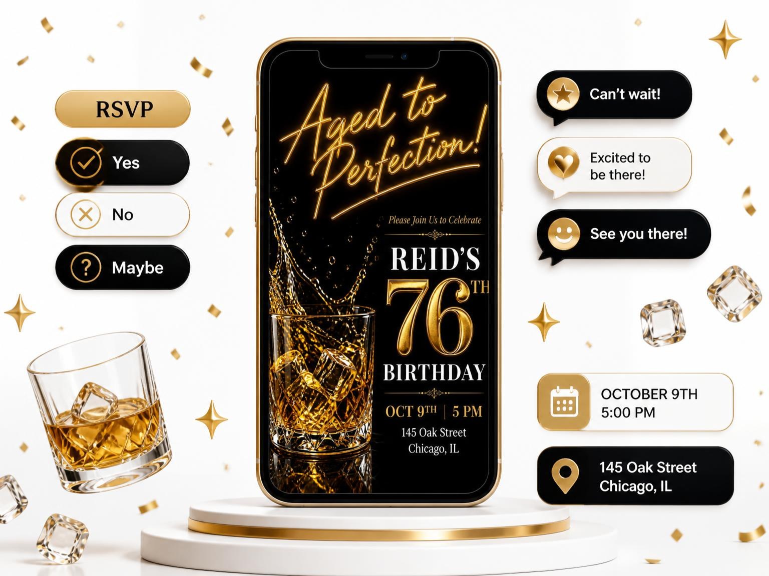 The Whiskey Glass 76th Birthday Invitation invitation on a phone, with guest RSVPs arriving around it