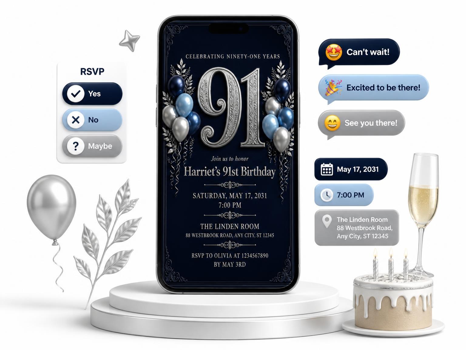 The Navy and Silver 91st Birthday Invitation invitation on a phone, with guest RSVPs arriving around it