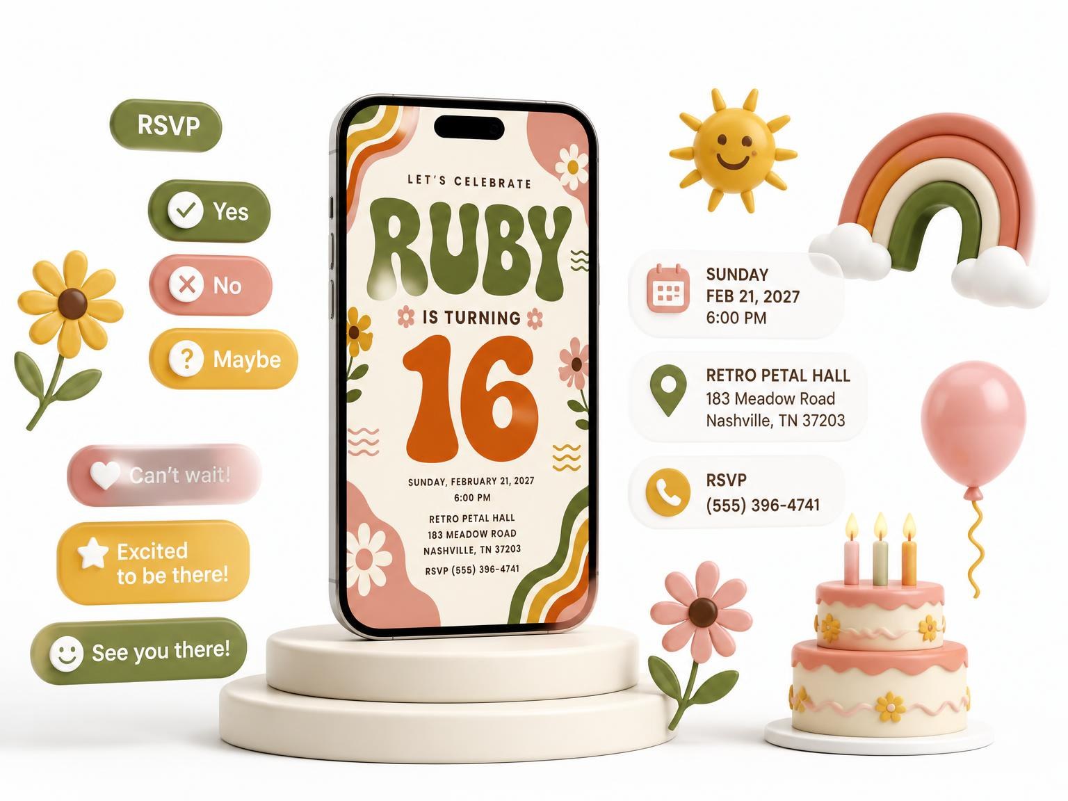 The Groovy Retro 16th Birthday Invitation invitation on a phone, with guest RSVPs arriving around it