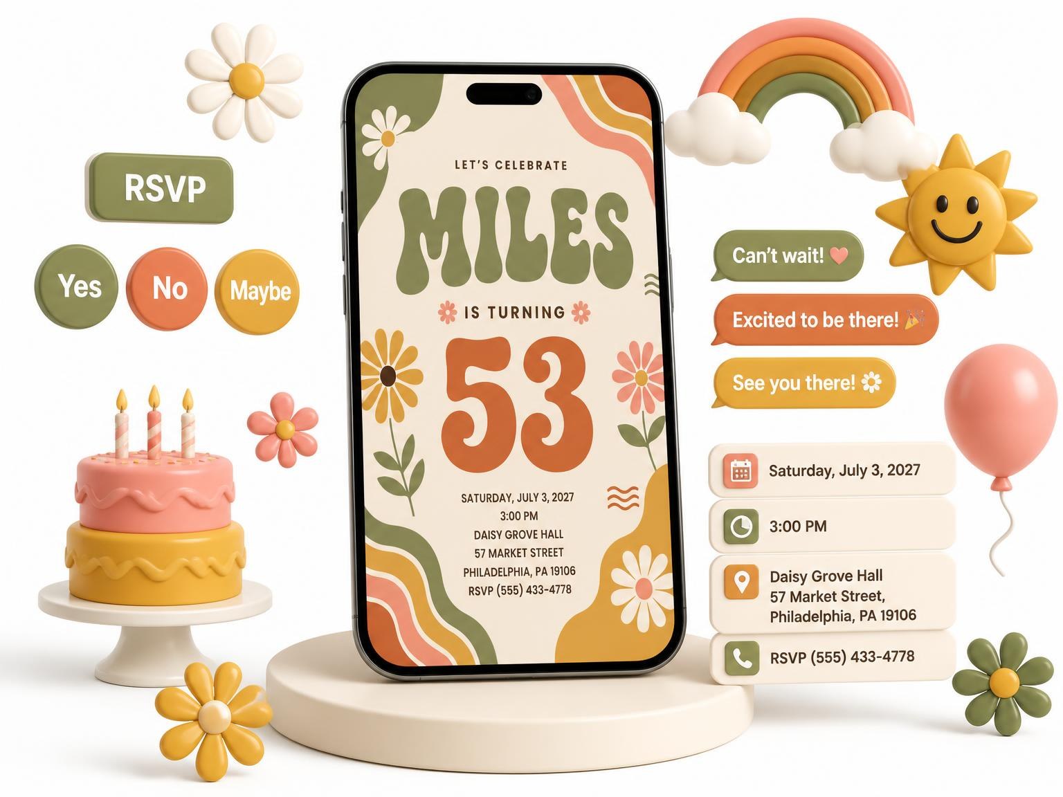 The Groovy Retro 53rd Birthday Invitation invitation on a phone, with guest RSVPs arriving around it