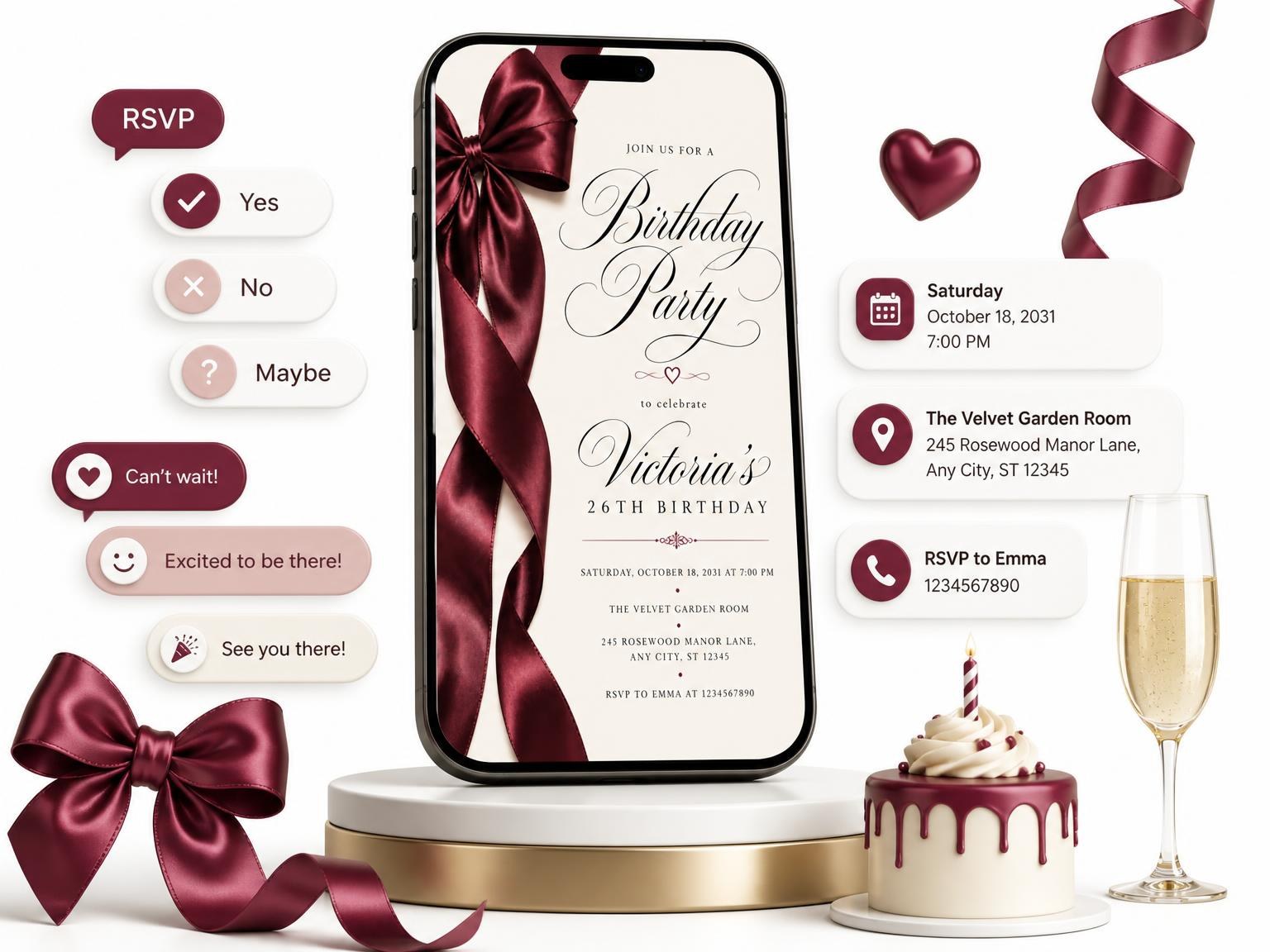 The Burgundy Satin Bow 26th Birthday Invitation invitation on a phone, with guest RSVPs arriving around it