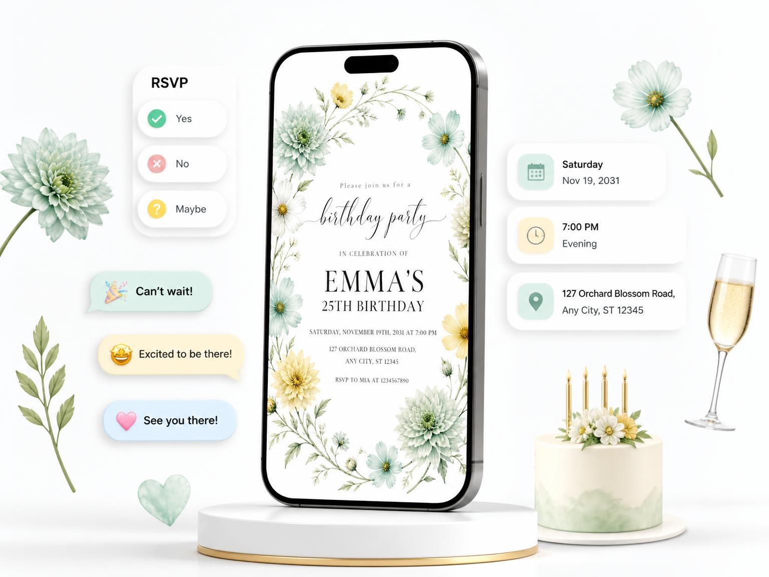 The Botanical Wreath Mint 25th Birthday Invitation invitation on a phone, with guest RSVPs arriving around it