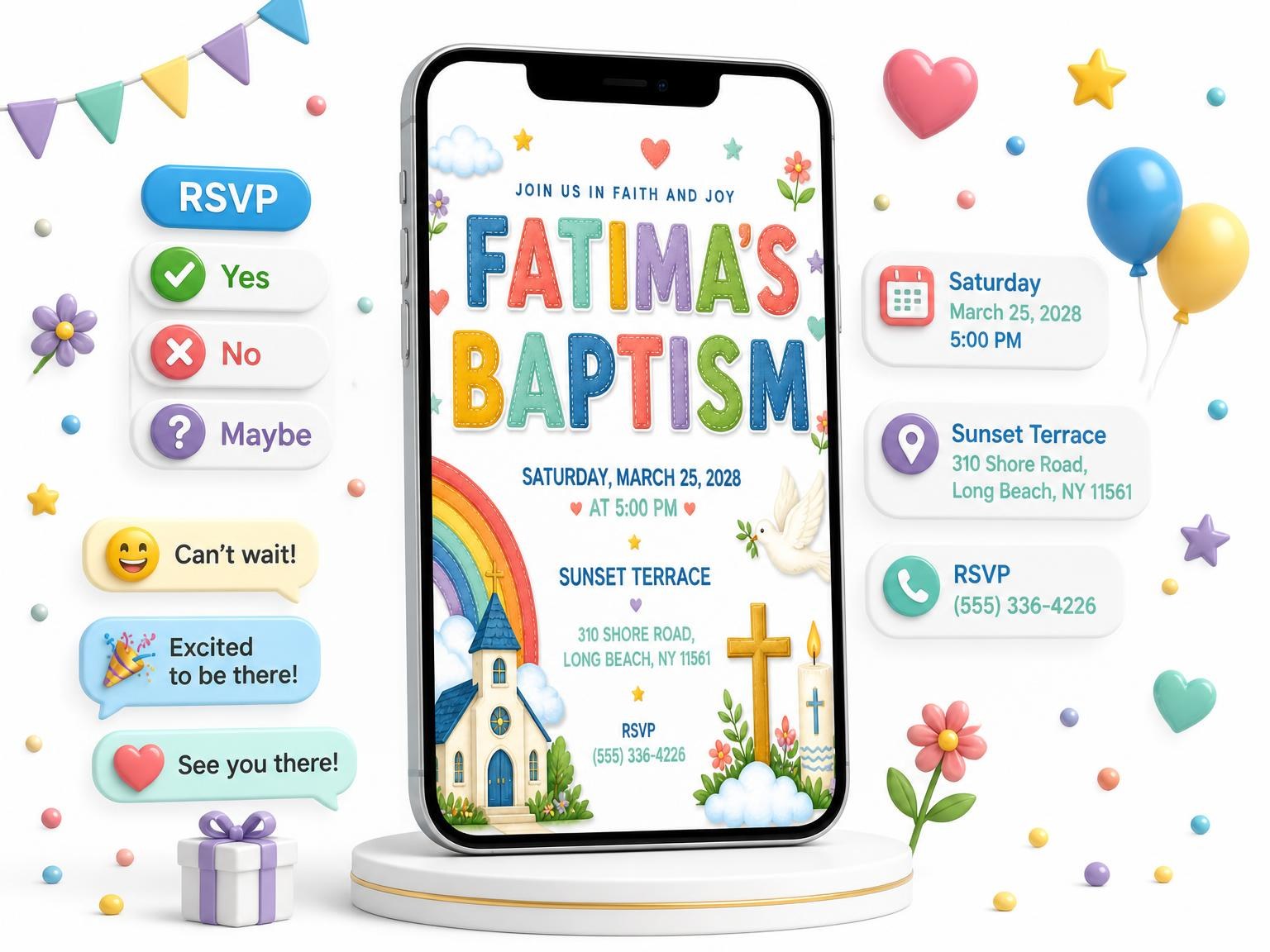 The Rainbow Church Baptism Invitation invitation on a phone, with guest RSVPs arriving around it