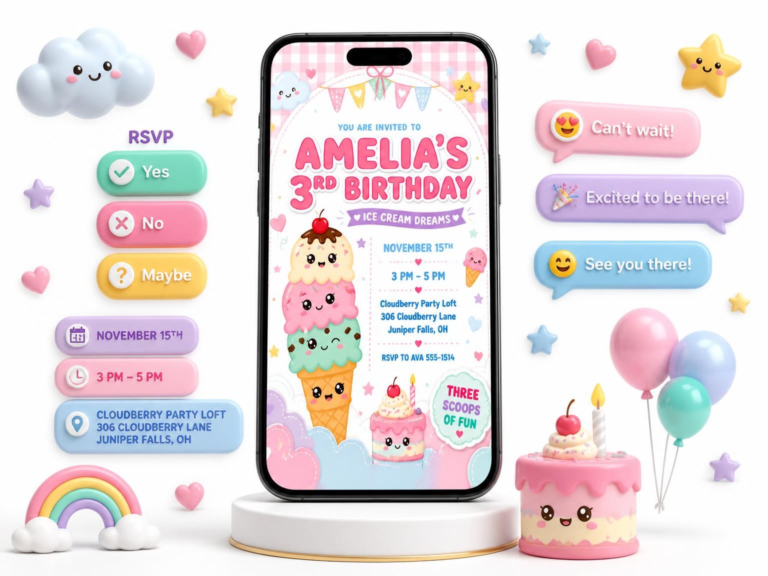 The Pastel Ice Cream 3rd Birthday Invitation invitation on a phone, with guest RSVPs arriving around it