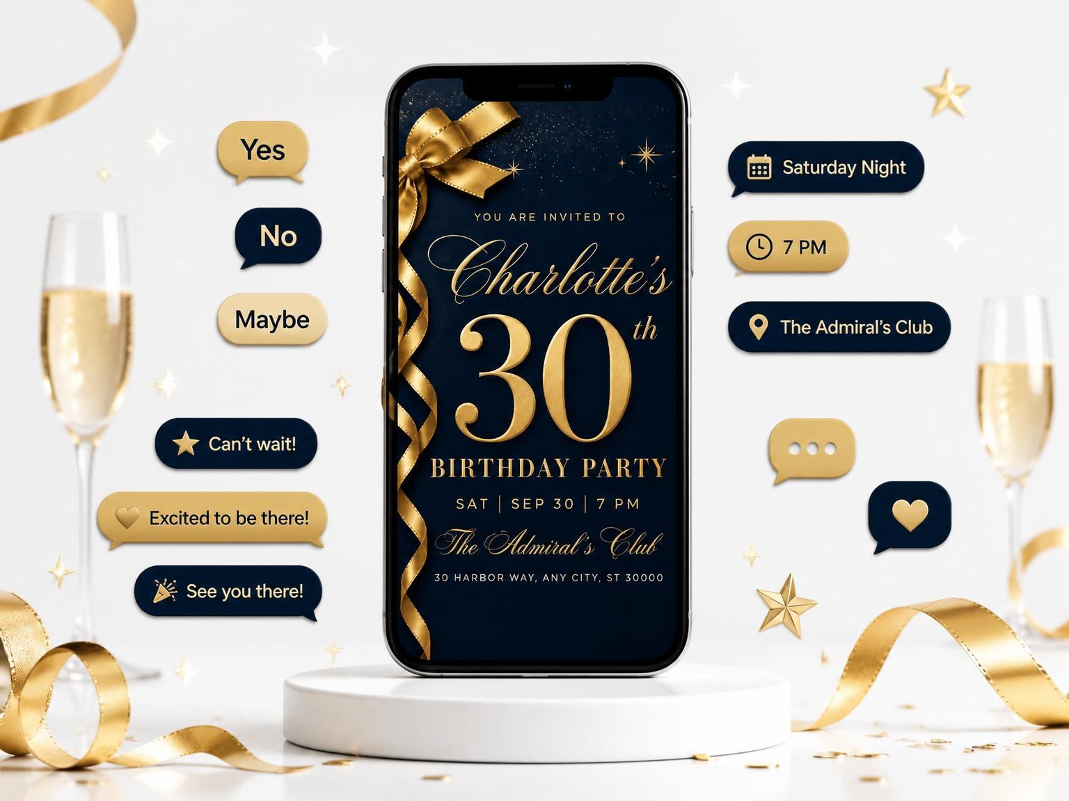 The Navy Gold Ribbon 30th Birthday invitation on a phone, with guest RSVPs arriving around it