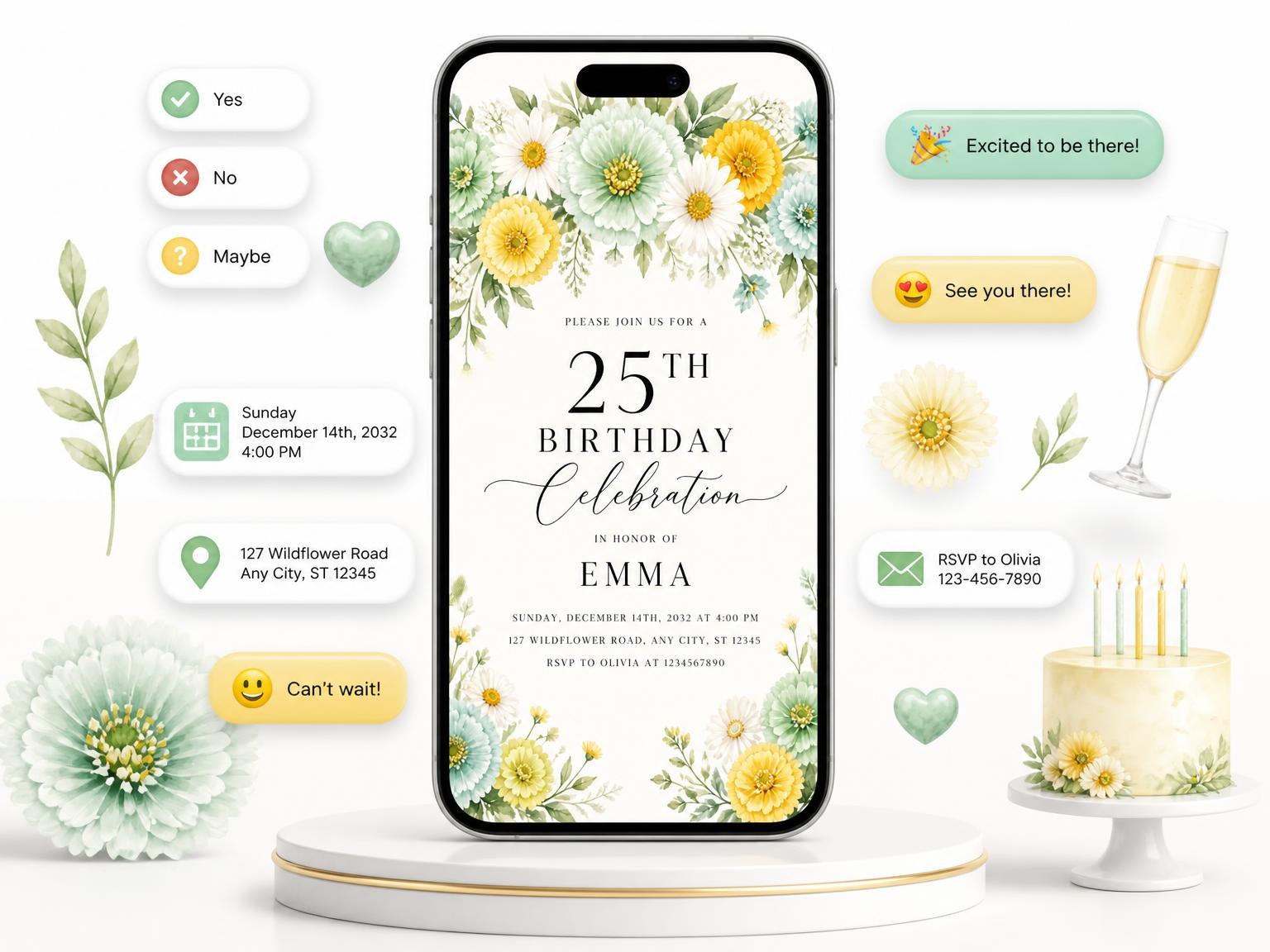 The Mint Zinnia Garland 25th Birthday Invitation invitation on a phone, with guest RSVPs arriving around it