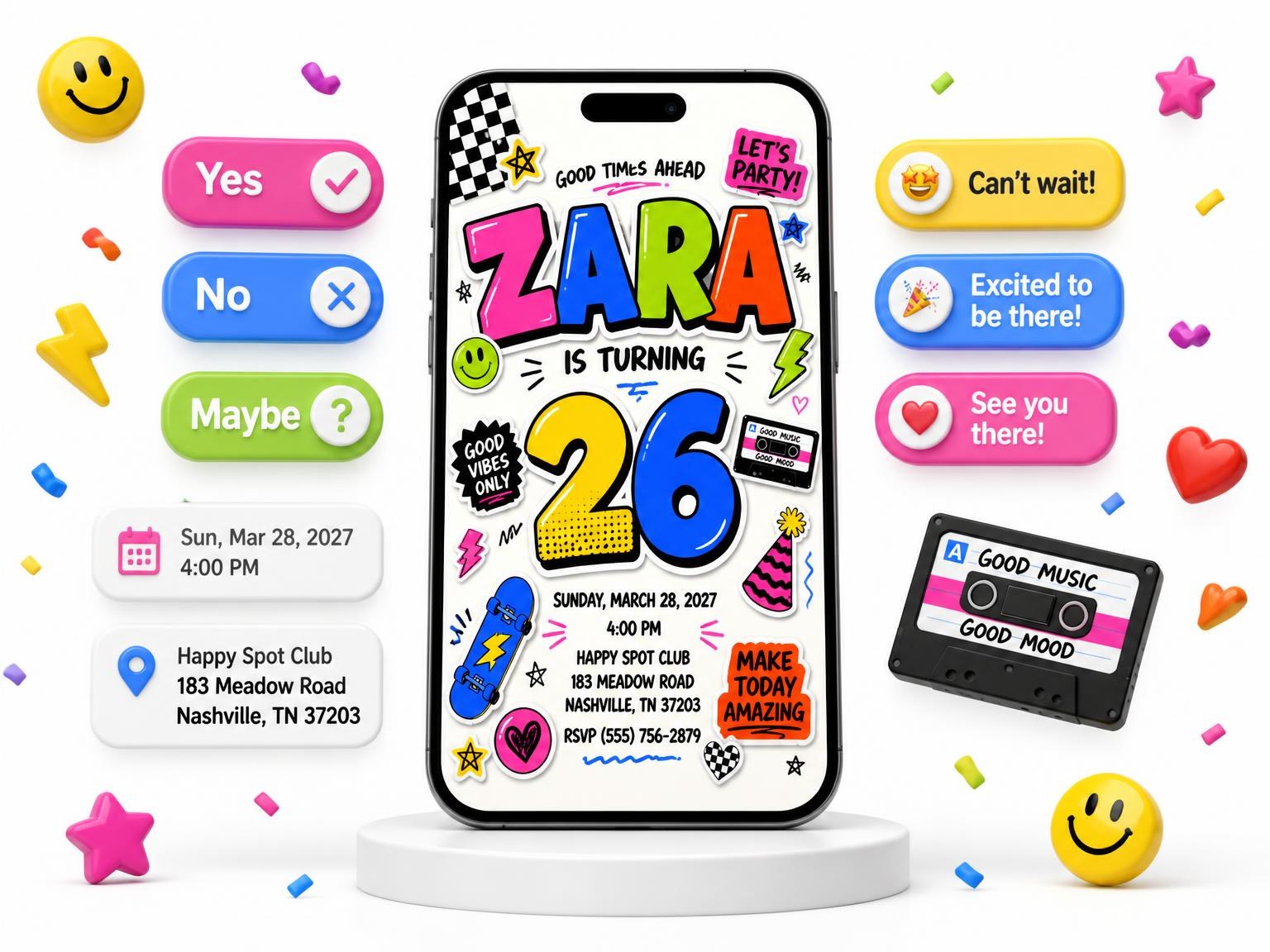 The Sticker Pop 26th Birthday Invitation invitation on a phone, with guest RSVPs arriving around it